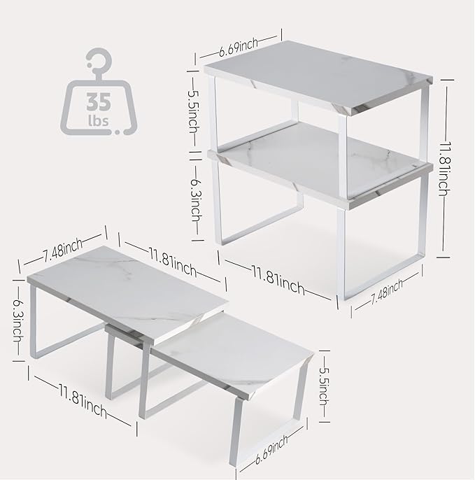 Cabinet Organizer Shelf, Set of 2 Expandable Kitchen Countertop Shelves with Spice Rack - Stackable Storage in Metal and Wood15.7 inches (White)