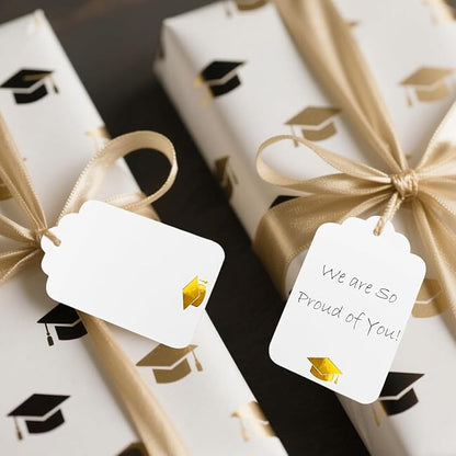 ASYEHJNR 100Pcs Blank Gift Tags with String Foil Gold Grad Cap Large White Paper Gift Tags with 65 Ft Jute Twine for Congrats Grad Congratulations Graduation Party