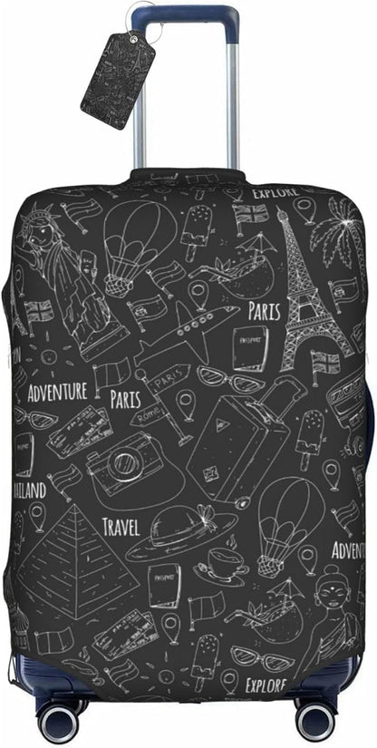 World Marks Luggage Cover for Suitcase and Luggage Tag Combination, Elastic Washable Anti-Scratch, Travel Adventure Explore Birthday Gift for Men Women (L 26-28 Inch Luggage)