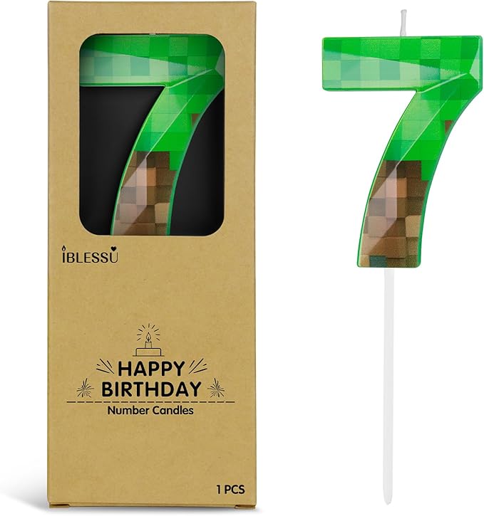 Pixel Birthday Candle, 2.68 Inch Miner Number Candles, Game Themed Candle Birthday Decoration for Pixel Theme Birthday Anniversary Dynamite Video Game Party (Green, 7)