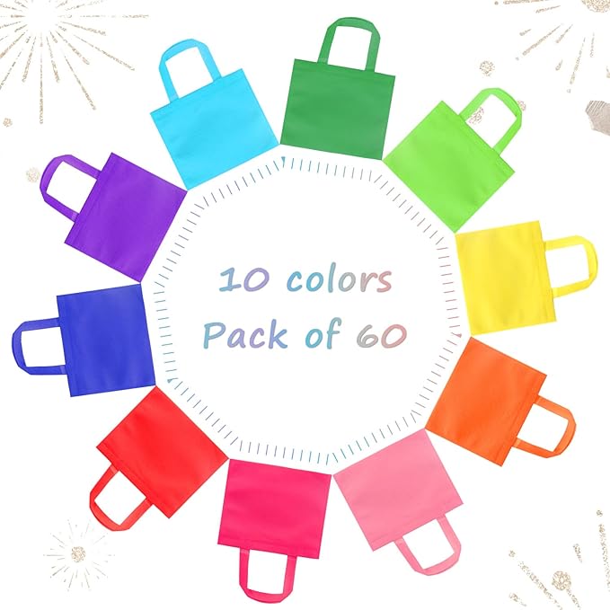 60 Pieces Non-Woven Gift Bags, Treat Tote Bag with Handles, 10 Colors Party Favor Bags for Baby Shower, Birthday, Rainbow Party Supplies