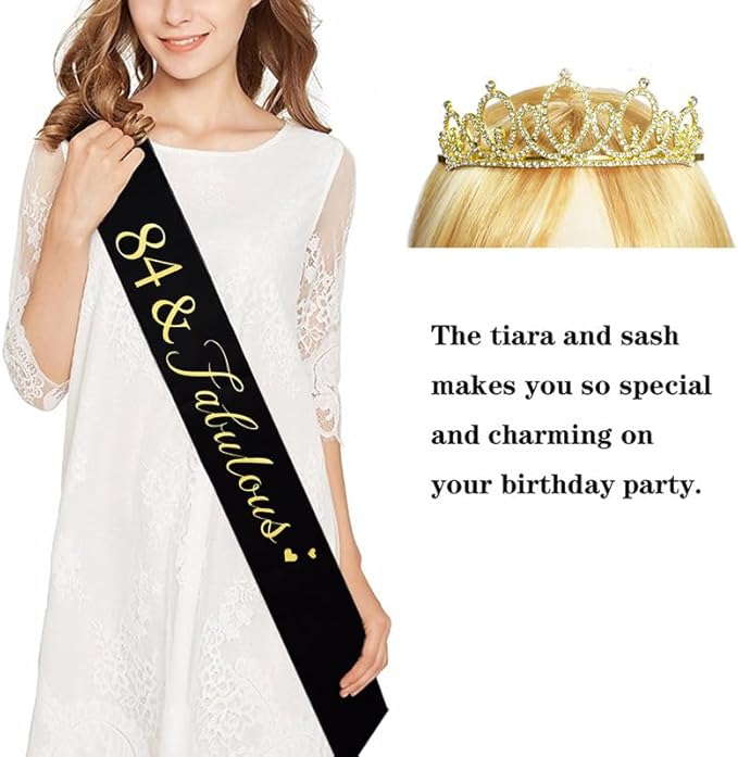 Mayin Happy 84th Birthday Tiara and Sash Gifts Crystal Rhinestone Princess Crown Birthday Women Party Favor Supplies Gold Crowns Black Sash