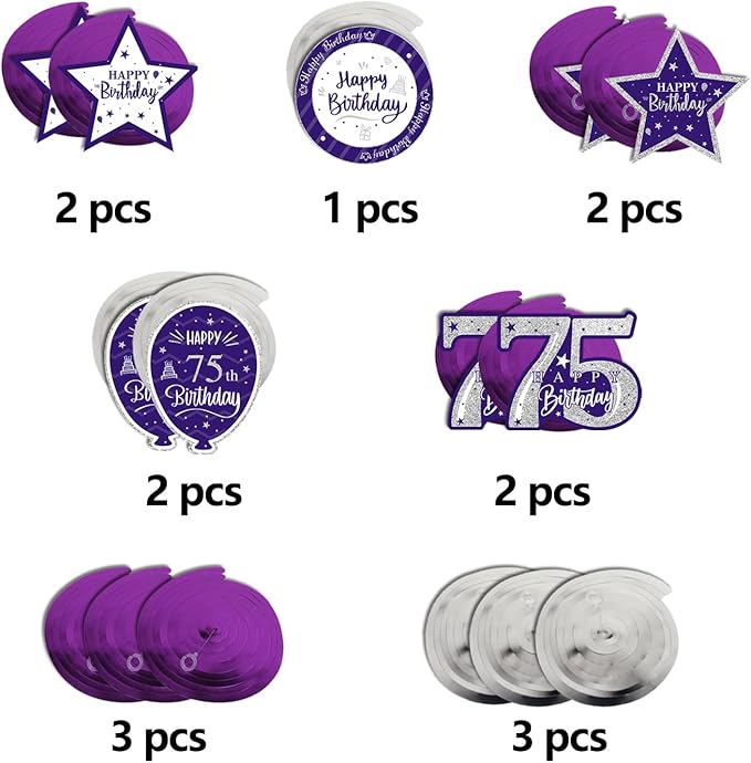 Happy 75th Birthday Purple & Silver Glitter Swirls Streamers Party Decorations - 15 Pcs 75th Birthday Hanging Swirls Streamers Kit,Perfect for 75th Bday Party Sign.