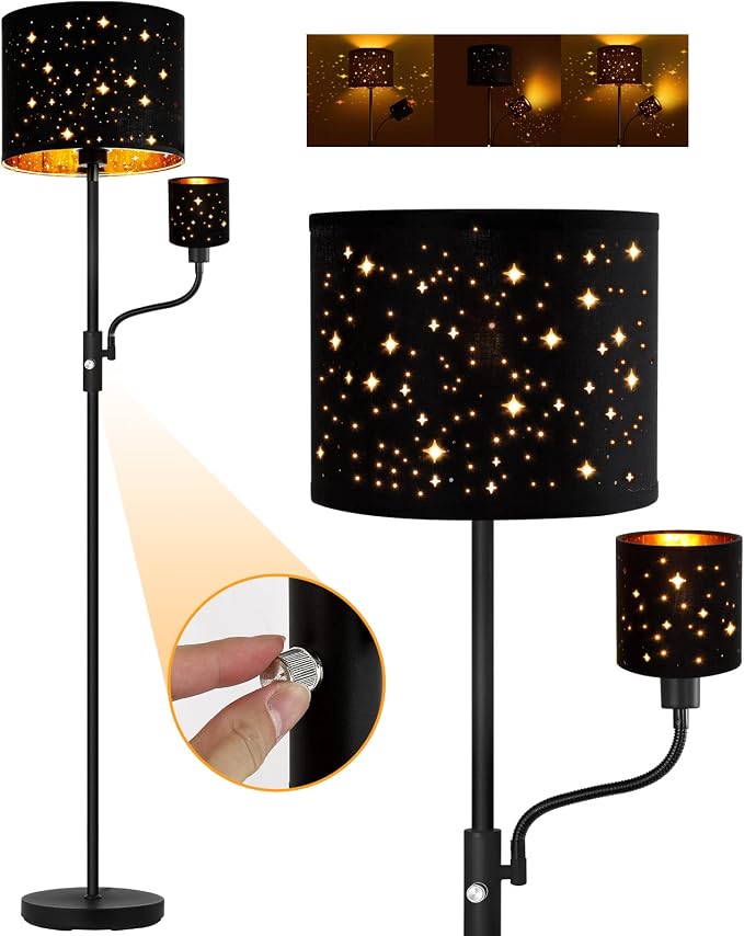 Floor Lamp Black, Reading Standing Lamps for Living Room, 62" Tall Torchiere Lamp for Kids Room, 3-Way Switch, Star-Gold Lampshade, Modern Goth Decor for Bedroom/Office, Bulbs Not Included(E26 Base)