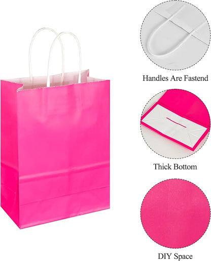 BLEWINDZ 32Pcs Small Paper Gift Bags with Tissues, Hot Pink Party Favor Bags with Handles, 8.7" Goodie Bag for Birthday, Shopping, Party Supplies