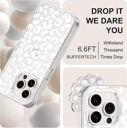 MOSNOVO Case for iPhone 15 Pro Max, [Buffertech 6.6ft Military-Grade Drop Protection] [Anti Peel Off Tech] Clear TPU Bumper Phone Case Cover Design - White Leopard Print