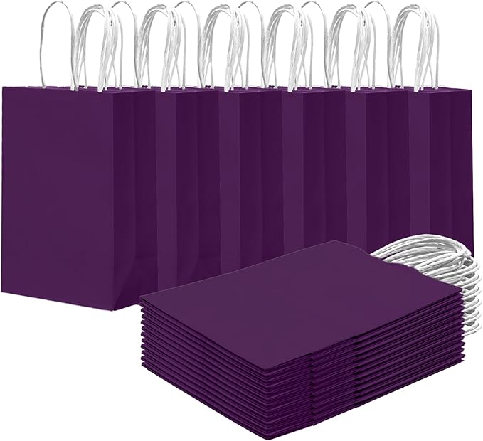 qiqee 24PCS Small Gift Bag with Handles Bulk 8.3"x6"x3" Gift Bags Cardamom Purple Bags Multiple Uses (Small Size)