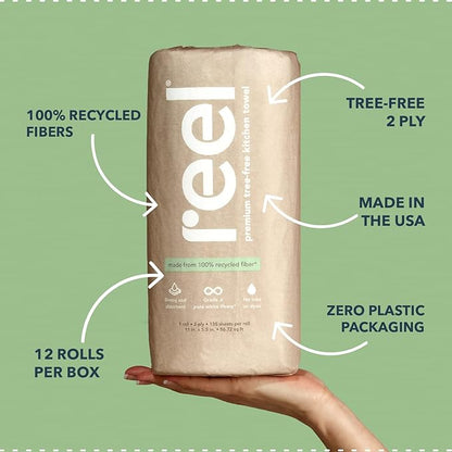 Reel Premium Recycled Paper Towels- 12 Rolls, 2-Ply Made From Tree-Free, 100% Recycled Paper - Eco-Friendly, Hypoallergenic and Zero Plastic Packaging