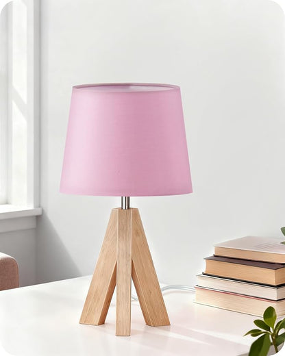 Pink Table Lamp, Small Tripod Table Lamp, Boho Bedside Lamp with Pink Linen Shade & Wood Base, Modern Nightstand Lamps, Little Cute Desk Lamp for Girls Room, Kids Room, Bedroom, P51TL05