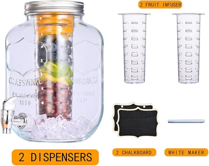 Eleganttime 1 Gallon Glass Drink Dispensers for Parties,2 Pack Beverage Dispenser with Fruit Infuser,Laundry Detergent Dispenser Punch Bowls Water Juice dispensers with Easy Flow Spigot for Outdoor