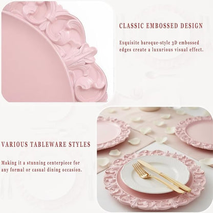 13" Pink Charger Plates, Set of 6 Plastic Textured Chargers for Dinner Plates with Embossed Rim, Table Décor, Party, Wedding, Holiday