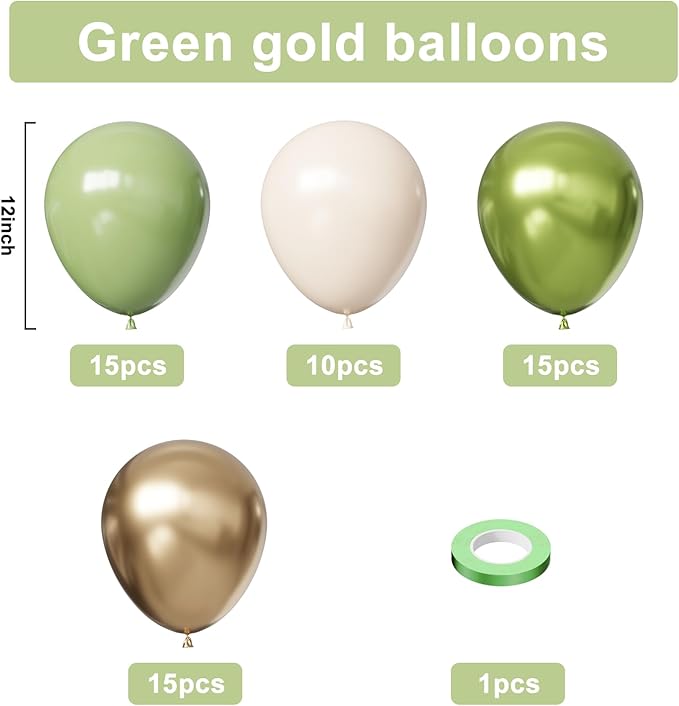 Sage Green Balloons 55Pcs Green and gold balloons 12inch Green And White Balloons for Birthday Wedding Bridal Baby Shower Engagement Party Decorations