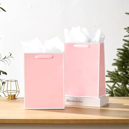 SHIPKEY 10 Pcs Luxury Pink Bags with Tissue Paper, Gift Bag for Men, Groomsmen Proposal Bag with White Frame, 8x4x11 Inches Kraft Paper Bags with Handles Bulk (20x10x28cm)
