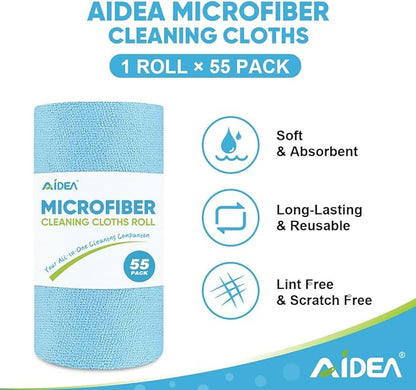 AIDEA Microfiber Cleaning Cloth Roll, Blue Shop Towels 55 Sheets Washable, Microfiber Towels for Cars, Blue Rags Reusable Paper Towel for Automotive, Workshop, House, Kitchen, Cleaning Supplies11×9"