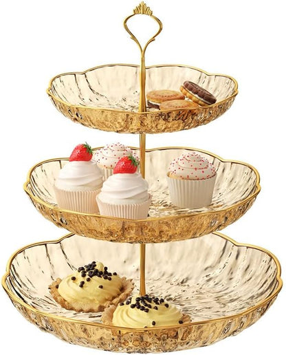 3 Tier Cupcake Stand, Plastic 3 Tiered Serving Stand, Dessert Tower Tray for Party, Birthday, Wedding, Gold