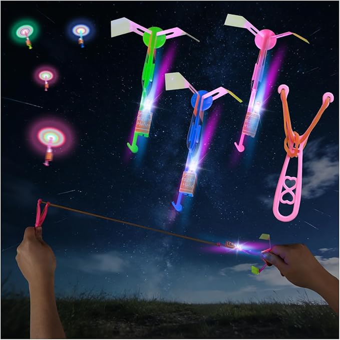 SCIONE 24 Sets LED Flying Set, 24 Slingshot+24 Glow Helicopter-48 Pcs, Flying Toy Outdoor Toys Glow in The Dark Party Supplies Party Favors for Kids 8-12,4-8