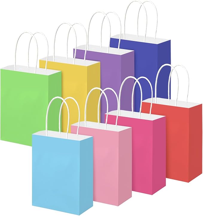 Brothersbox 32Pcs Small Paper Gift Bags with Handles 6.3"x3.15"x8.7", 8 Colors Rainbow Kraft Paper Goodie Bags Bulk, Party Favor Bag for Kids Birthday, Celebrations, Retail, Crafts, Wedding