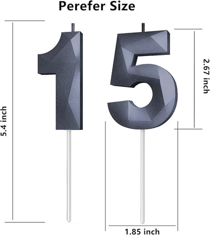 Number Birthday Candles(15 Candle Black) 3D Diamond Shape 15th Happy Birthday Cake Topper Decorations for Boy Men Birthday Wedding Anniversary Celebration Theme Party Supplies