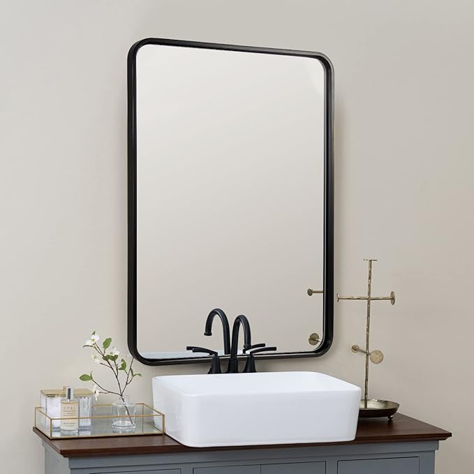ANDY STAR Matte Black Mirror for Bathroom, 20x28 Inch Rounded Rectangle Mirror, Modern Vanity Mirror Tube Metal Frame HD Reflection Wall-Mounted Mirrors Vertically or Horizontally