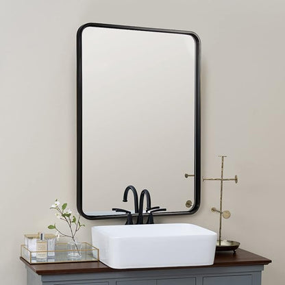ANDY STAR Matte Black Mirror for Bathroom, 20x28 Inch Rounded Rectangle Mirror, Modern Vanity Mirror Tube Metal Frame HD Reflection Wall-Mounted Mirrors Vertically or Horizontally