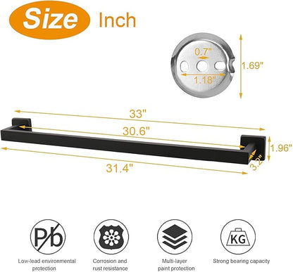TocTen Bath Towel Rack - Square Base Thicken SUS304 Stainless Steel Towel Bar for Bathroom, Bathroom Accessories Towel Rod Heavy Duty Wall Mounted Towel Holder. (Black, 33)