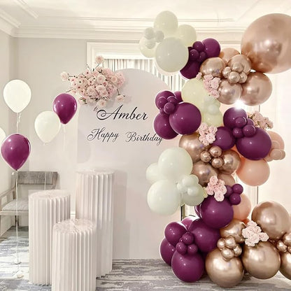 MEBAY Plum Purple White Gold Balloon Arch Kit, 155Pcs Dark Mauve White Sand Rose Gold Balloons Garland for Boho Baby Shower Birthday Wedding Party Decoration