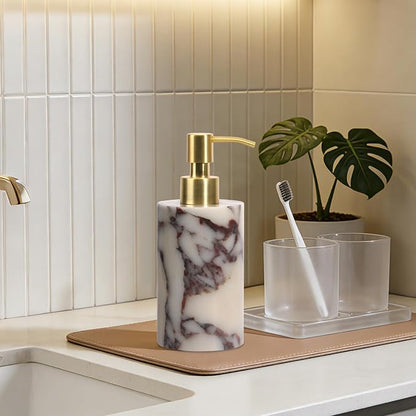 Natural Marble Soap Dispenser for Bathroom and Kitchen Countertop - 5.41 Ounces Hand Lotion and Liquid Stone Shampoo Laundry Bottle with Pump (1, Calacatta Viola, Cylindrical Bottle)