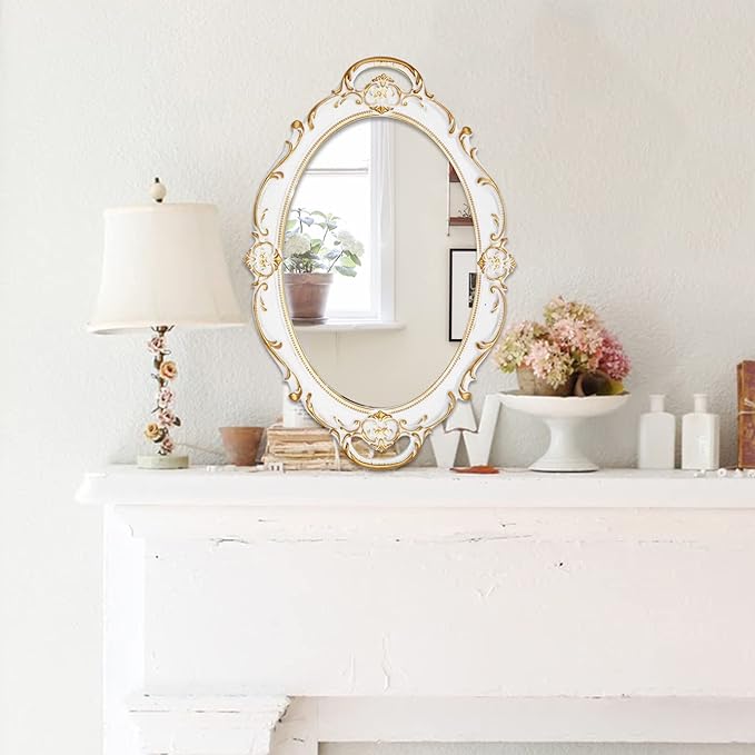Eaoundm 14.5 x 10 inchs Oval Antique Decorative Wall Mirror Vintage Hanging Mirror (White)