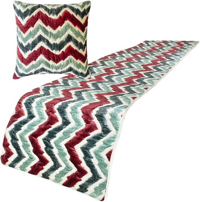 The HomeCentric King/Queen/Twin Red & Blue Designer Queen 74"x18" Bed Runner Without Pillow Cover, Chevron & Quilted Bed Scarf on Suede Fabric - Chevron Symphony