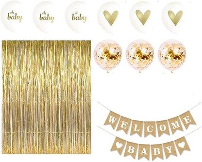 Gold Baby Shower Decorations Set for Girl or Boy Kit, Rustic Welcome Baby Banner in Burlap, 2 Gold Metallic Curtains, Balloons and Table Banner