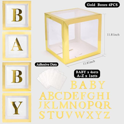Voircoloria Baby Boxes with 42pcs Letters for Baby Shower Transparent Balloon Boxes Clear Balloon Box Blocks for Boy Girl Gender Reveal Party and Birthday Party (Gold)
