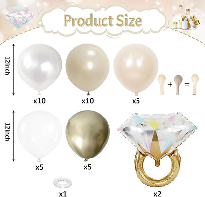 Gold and White Diamond Ring Balloons, Pearl White Beige Gold Double Latex Balloons with Big Ring Foil Balloon Set for Boho Engagement Bridal Shower Wedding She Said Yes Bachelorette Party Decorations