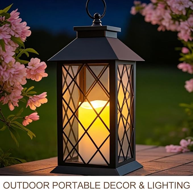 2-Pack 13.5" Vintage Candle Lantern with LED Pillar Candle (Black, 6hr Timer) - IP44 Waterproof Battery Powered Decorative Light - Outdoor Patio Hanging Lantern Decorative Tabletop Light