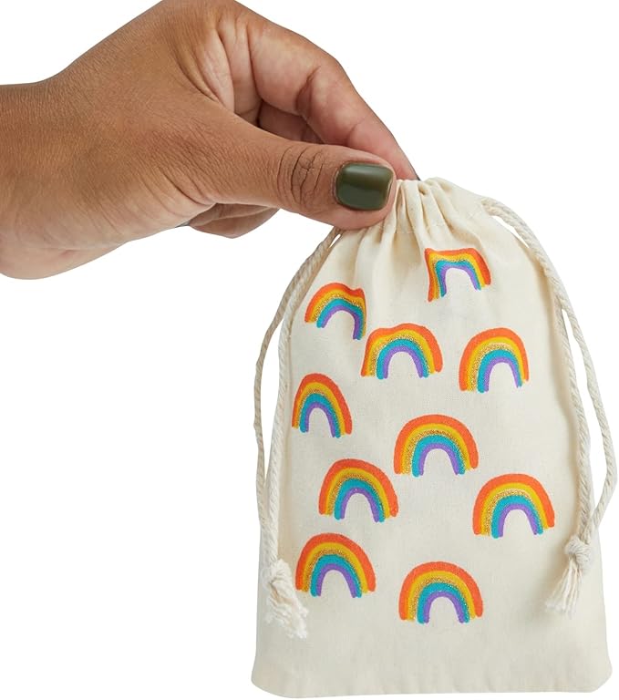 Juvale Rainbow Canvas Bags - 4 x 6 In, Pack of 12 - Mini Canvas Drawstring Bags for Kids & Party Favors - Rainbow Design
