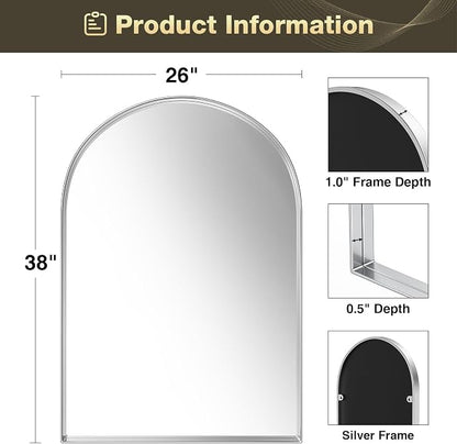 Brightify Arched Mirror, Arched Wall Mirror, 26 x 38 Inch Silver Arch Mirror, Metal Frame Silver Bathroom Mirror, Arched Top Bathroom Vanity Mirror for Living Room Bedroom Mantel Entryway Hallways