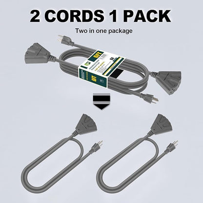 EP 2 Pack 6 Ft Outdoor Extension Cord with 3 Electrical Power Outlets - 16/3 SJTW Grey Cable with 3 Prong Grounded Plug for Safety Great for Christmas Lights, Garden and Major Appliances