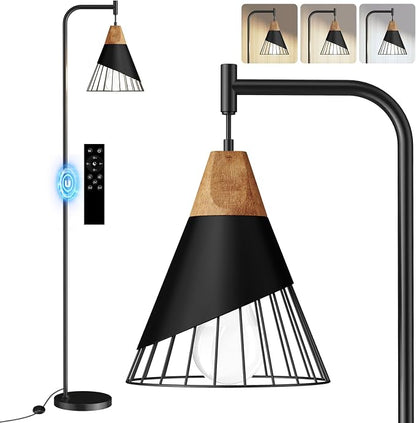 67" Industrial Floor Lamp with Wood & Black Metal Shade, Modern Standing Lamp, Rustic Farmhouse Tall Lamp for Living Room Bedroom Office, 2700K Bulb & Foot Switch Included (Black + Remote Control)