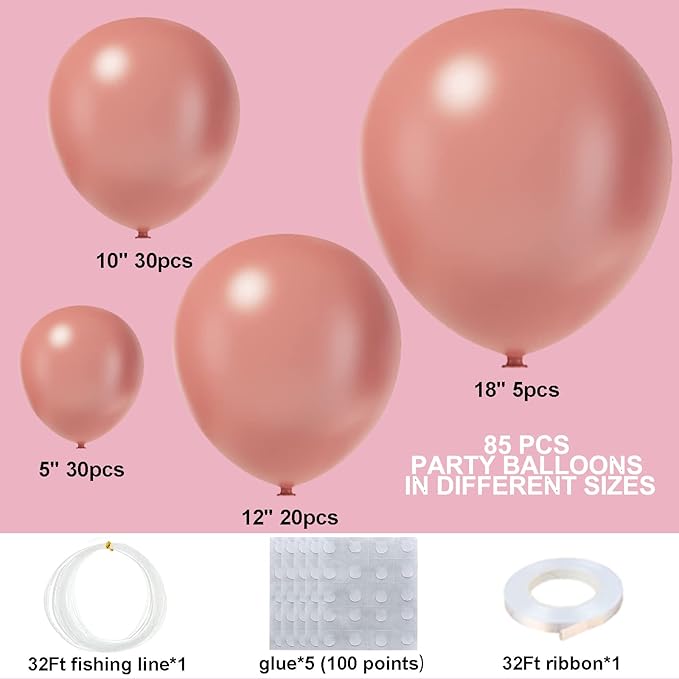 Dusty Pink Balloons 85Pcs Vintage Dusty Pink Balloon Garland Arch Kit 5/10/12/18 Inch Matte Latex Dusty Pink Balloons Different Sizes as Birthday Baby Shower Wedding Bridal Shower Party Decorations