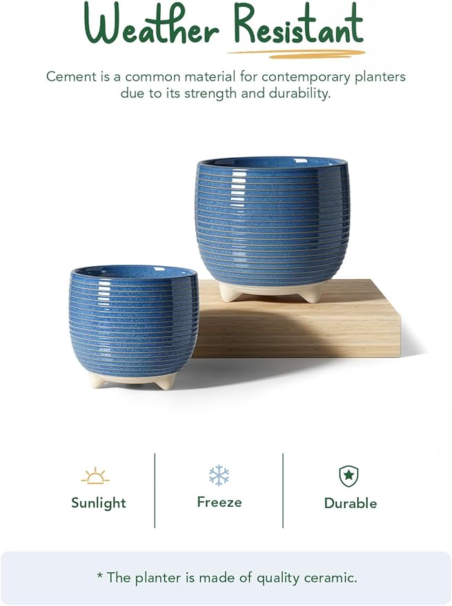 LE TAUCI Ceramic Plant Pots, 5.1 + 6.4 Inch Footed Pots for Plants, Modern Flower Pots for Home and Office, Indoor Planters with Drainage, Reactive Glaze Blue