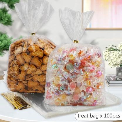 Cellophane Bags, Bottom Gusset Treat Bags, 8"x 11"Clear Cellophane Gift Bags with Ties, 100Pcs Cellophane Treat Goodie Bags for Wedding Graduation Party Favors Gift Mug Wrapping Candy Cookies Storage