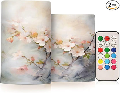 ALAZA Spring Cherry Blossom Flowers Flickering Flameless Candles Battery Operated with Remote Timer,Tea Light Candles LED Pillar Votive Candles Set of 2 for Outdoor Indoor Decorations