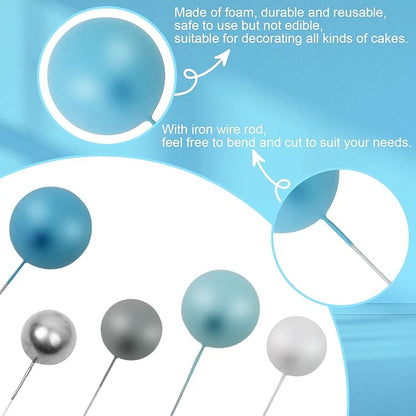 115 PCS Ball Cake Toppers - Mini Balloon Cake Decorations Foam Ball Cupcake Picks DIY cake Insert Toppers for Birthday Party Wedding Baby Shower - Blue Theme
