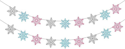 2 Pcs Silver Glitter Snowflake Banner, Snowflake Winter Party Decorations, Snowflake Garland Christmas Party Decorations (Pink)