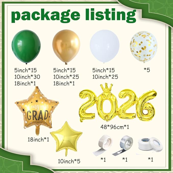 Graduation Balloon Arch Green Graduation Decorations Class of 2026 143pcs Green and Gold Balloon Garland Arch with Number 2026 Graduation Star Balloons for Class of 2026 Grad Prom Decorations Supplies
