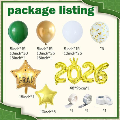 Graduation Balloon Arch Green Graduation Decorations Class of 2026 143pcs Green and Gold Balloon Garland Arch with Number 2026 Graduation Star Balloons for Class of 2026 Grad Prom Decorations Supplies