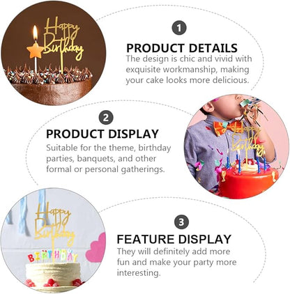 Amosfun 60Pcs Happy Birthday Acrylic Cake Toppers Gold Picks for Cupcake and Cake Decoration Party Supplies