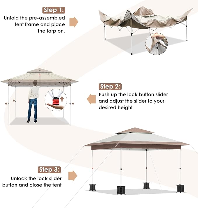 Arlopu Pop Up Canopy Tent with 1-Person Set up, Camping Instant Durable Shelter, Outdoor Gazebo Beach Shade with Wheeled Bag, 4 Sand Bags for Weight (Khaki, 13FTX13FT)