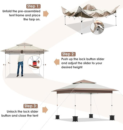 Arlopu Pop Up Canopy Tent with 1-Person Set up, Camping Instant Durable Shelter, Outdoor Gazebo Beach Shade with Wheeled Bag, 4 Sand Bags for Weight (Khaki, 13FTX13FT)