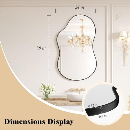 WEER Irregular Wall Mirror, 24x36 inch Black Asymmetrical Wall Mounted Mirrors Decorative, Abstract Wavy Aluminum Alloy Frame for Bathroom, Bedroom, Living Room, Entryway