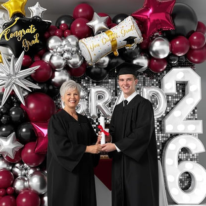 Graduation Balloons Garland Kit 153Pcs, Maroon Black Silver Balloon Arch Kit with GRAD Letters Grad Cap Diploma Balloon Burgundy Balloons Arch for Class of 2026 Graduation Birthday Party Decor